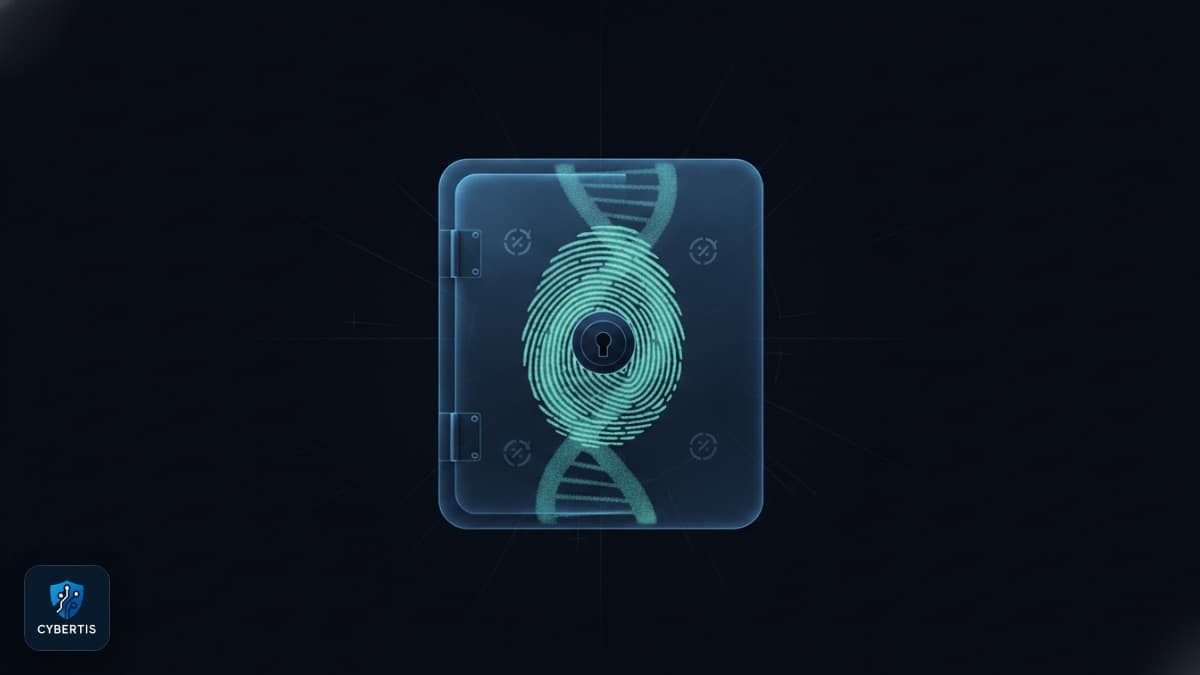 איור של גדיל DNA וטביעת אצבע נעולים מאחורי דלת כספת — מידע בלתי הפיך