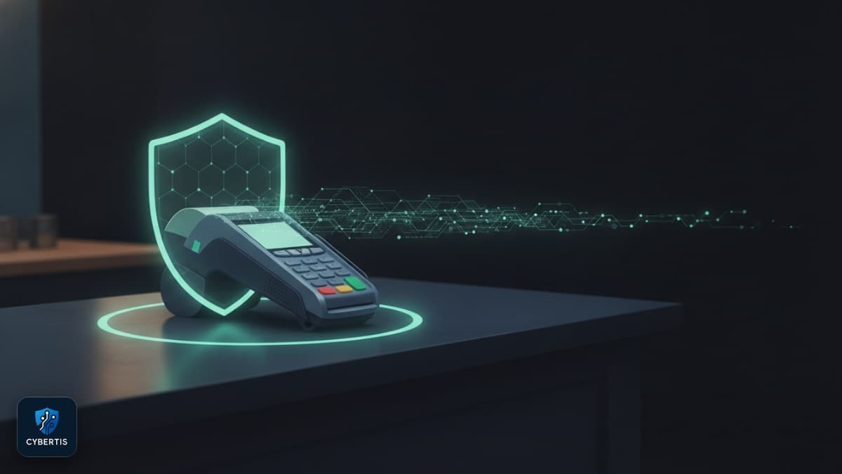 מסוף סליקה EMV בקופה של עסק קטן מוקף מגן משושים זוהר, נתונים מוצפנים זורמים מהמסוף
