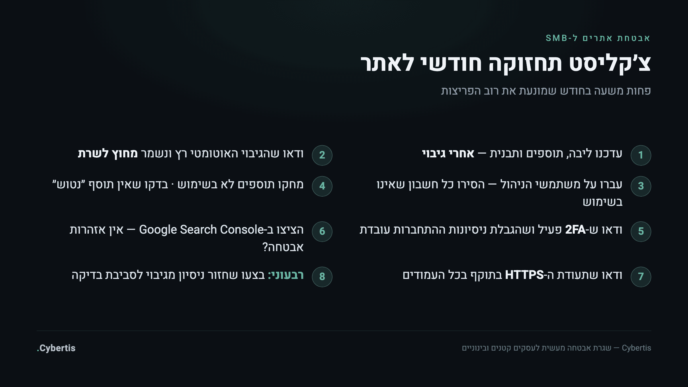צ׳קליסט תחזוקה חודשי לאתר עסקי: עדכונים, גיבוי, משתמשי ניהול, תוספים, 2FA, Search Console ו-HTTPS