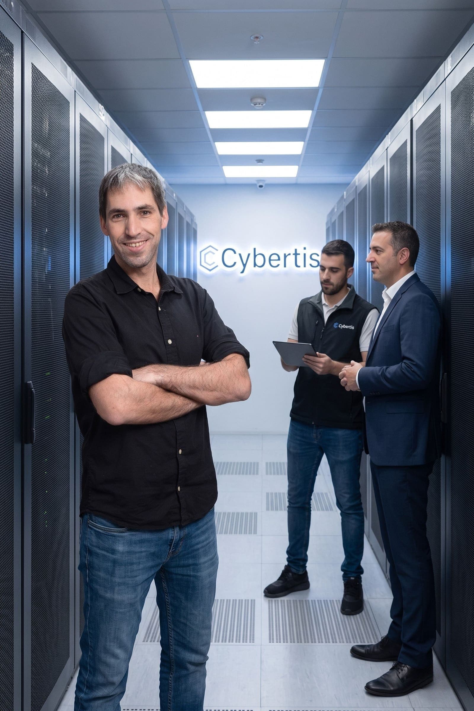 רותם שיינס, מנכ״ל Cybertis, בחדר השרתים של החברה עם צוות אבטחת מידע