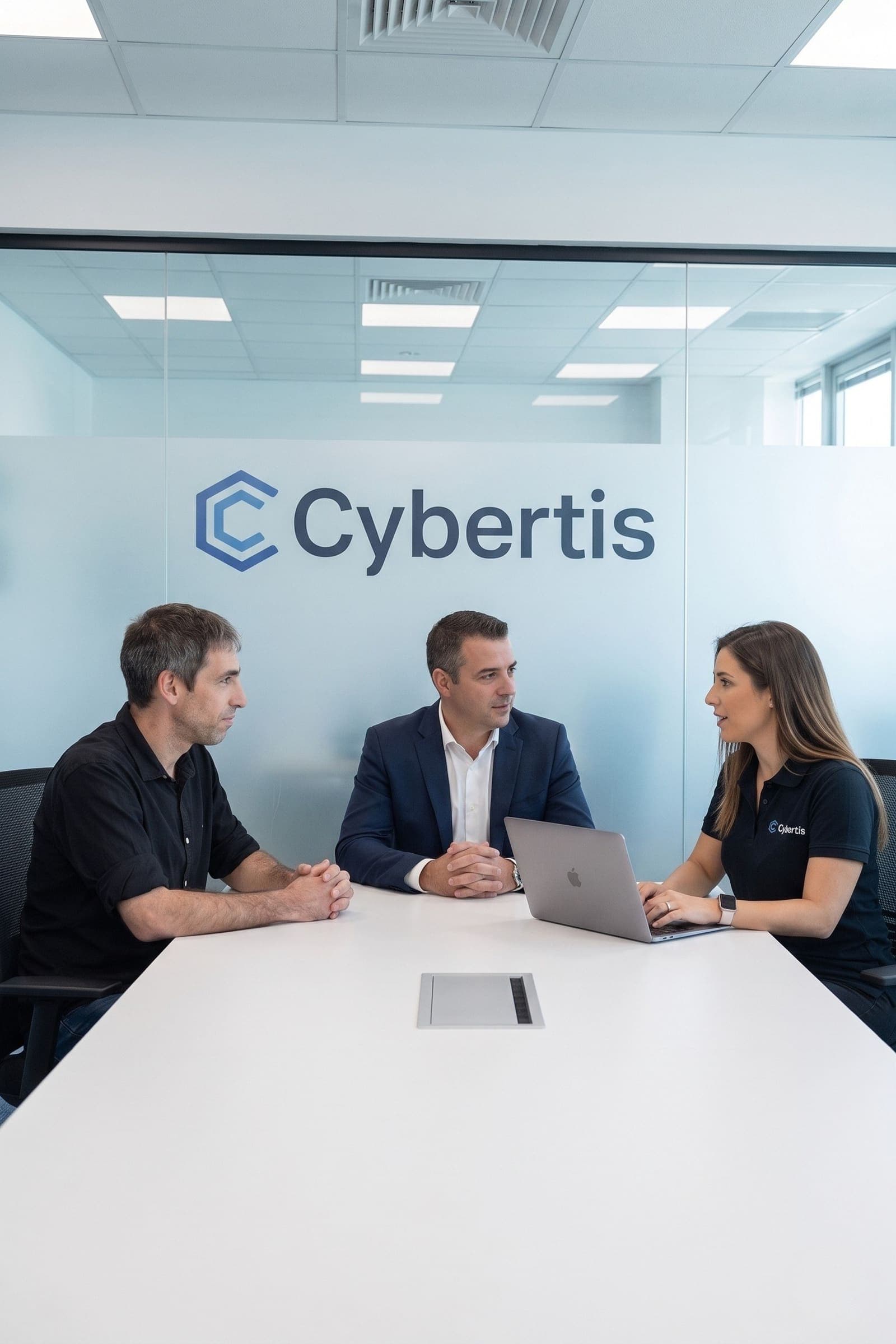 פגישת ייעוץ של צוות Cybertis עם לקוח בחדר ישיבות ממותג