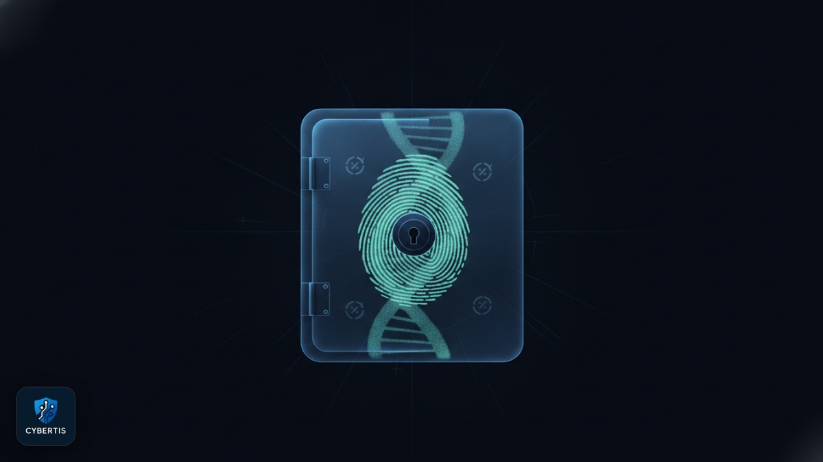 איור של גדיל DNA וטביעת אצבע נעולים מאחורי דלת כספת — מידע בלתי הפיך